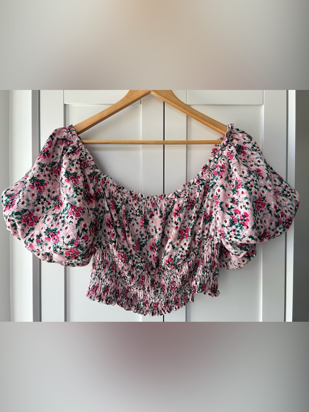 AFRM New XL Floral Pink Off-Shoulder Smocked Crop Top